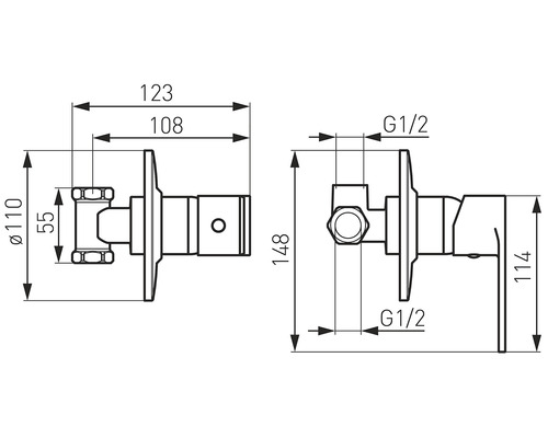 Desen tehnic al unui robinet de colț cu dimensiuni