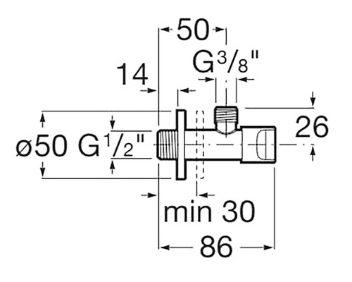 Desen tehnic al unui robinet de colț cu dimensiuni