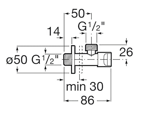 Desen tehnic al unui robinet de reglare unghiular cu dimensiuni