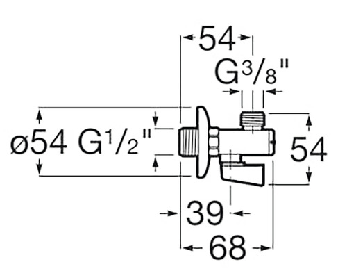 Desen tehnic al unui robinet de colț cu dimensiuni