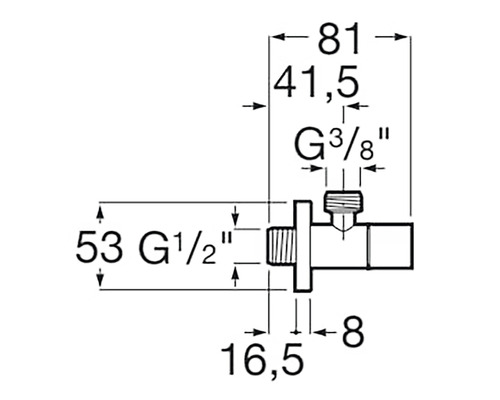 Desen tehnic al unui robinet de colț cu dimensiuni