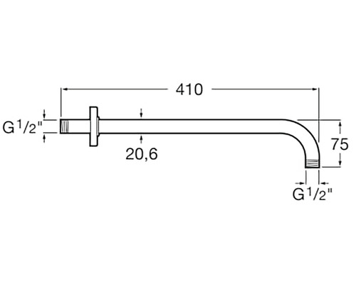 Desen tehnic al unui braț de perete cu dimensiunile: 410 mm lungime, 20,6 mm diametru și 75 mm înălțime.
