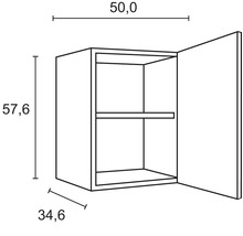 Desen cu dulap suspendat cu dimensiunile de 50,0 x 57,6 x 34,6 cm.