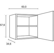 Desenul unui dulap suspendat cu dimensiunile de 60 pe 57,6 pe 34,6 centimetri.