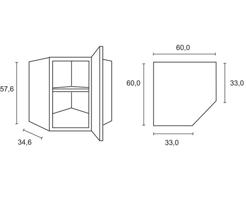 Desen tehnic al unui dulap suspendat de colț cu dimensiuni