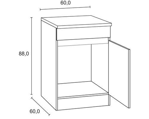 Desen al unui dulap de lavoar cu sertar, ușă deschisă și dimensiunile de 60 pe 60 pe 88 de centimetri