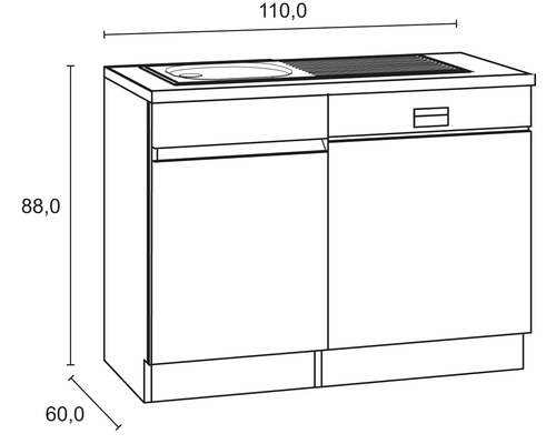 Schiță a unui dulap de bază pentru lavoar cu chiuvetă și sertar, dimensiuni 110 x 88 x 60 cm