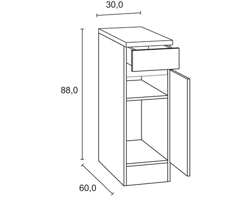 Desen al unui dulap inferior cu sertar și ușă deschisă cu măsurători