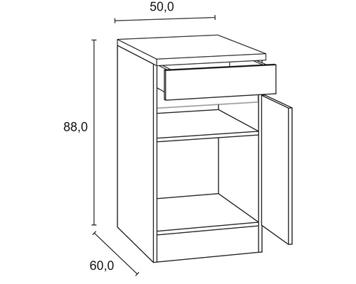 Desen tehnic al unui dulap inferior cu sertar și ușă deschisă cu dimensiuni