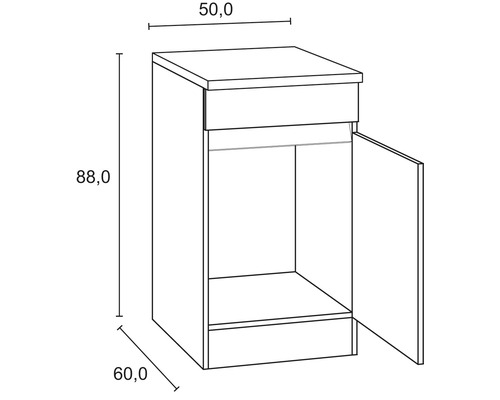 Desen al unui dulap inferior cu ușă și dimensiunile de 50,0, 88,0 și 60,0 centimetri.