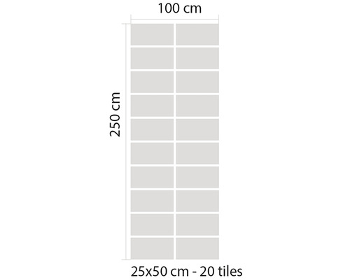 Reprezentare gresie cu dimensiunile de 25 x 50 cm, un total de 20 de plăci, 100 cm lățime și 250 cm înălțime.