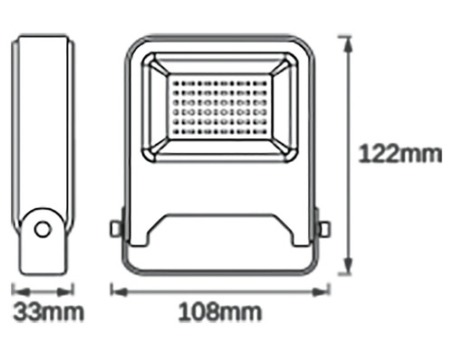 Dimensiunile unui reflector LED: 122 mm înălțime, 108 mm lățime și 33 mm adâncime.
