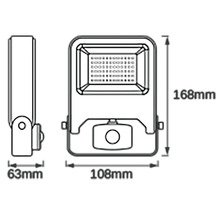 Desen tehnic al unui proiector LED cu dimensiunile de 168 mm înălțime, 108 mm lățime și 63 mm adâncime.