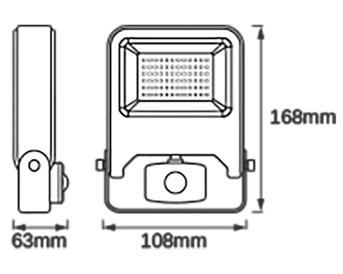 Desen tehnic al unui proiector LED cu dimensiunile de 168 mm înălțime, 108 mm lățime și 63 mm adâncime.