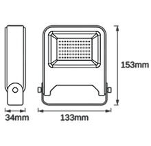 Desen tehnic al unui proiector LED cu dimensiunile de 153 mm înălțime, 133 mm lățime și 34 mm adâncime.