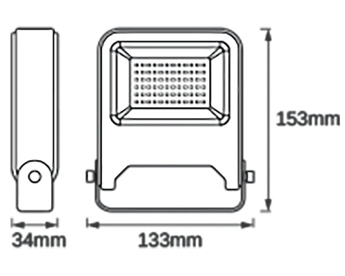 Desen tehnic al unui proiector LED cu dimensiunile de 153 mm înălțime, 133 mm lățime și 34 mm adâncime.