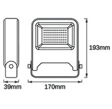 Imagine a unui reflector LED cu dimensiunile de 193 mm înălțime, 170 mm lățime și 39 mm adâncime.