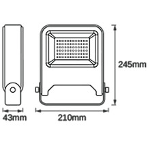 Desen tehnic al unui reflector cu LED, cu dimensiunile de 245 mm înălțime, 210 mm lățime și 43 mm adâncime.