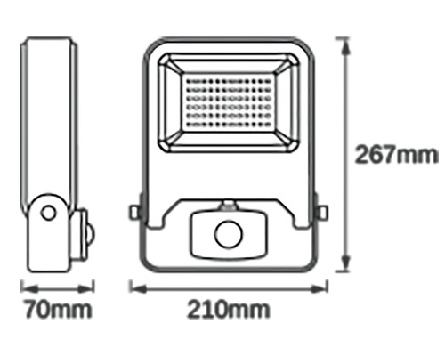 Desen tehnic al unui proiector cu leduri cu dimensiunile de 267 milimetri înălțime, 210 milimetri lățime și 70 milimetri adâncime