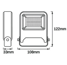 Schiță a unui reflector LED cu dimensiunile de 33 mm, 108 mm și 122 mm.