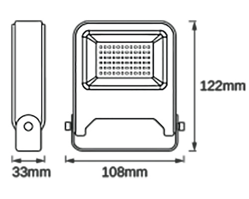 Schiță a unui reflector LED cu dimensiunile de 33 mm, 108 mm și 122 mm.