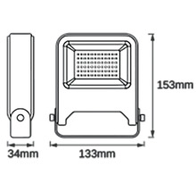 Desen tehnic al unui proiector LED cu dimensiunile de 153 mm înălțime, 133 mm lățime și 34 mm adâncime.