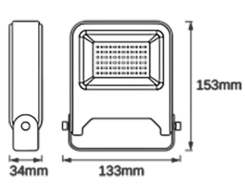 Desen tehnic al unui proiector LED cu dimensiunile de 153 mm înălțime, 133 mm lățime și 34 mm adâncime.