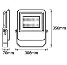 Desen tehnic al unui reflector LED cu dimensiunile de 356 mm înălțime, 306 mm lățime și 70 mm adâncime.