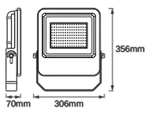 Desen tehnic al unui reflector LED cu dimensiunile de 356 mm înălțime, 306 mm lățime și 70 mm adâncime.