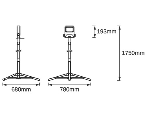 Desen dimensional al unui trepied cu dimensiunile de 1750 mm înălțime, 780 mm lățime și 193 mm adâncime
