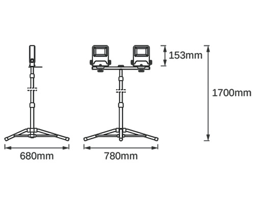 Desen tehnic al unui trepied cu dimensiuni de 1700 mm înălțime, 153 mm distanță între capete, 680 mm și 780 mm lățime la bază.