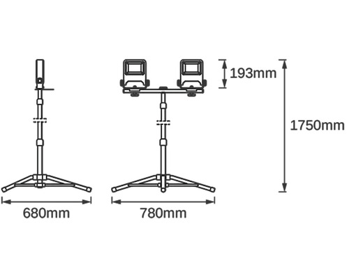 Desen tehnic al unui trepied cu dimensiunile de 1750 mm înălțime, 680 mm lățime picior, 780 mm lățime și 193 mm înălțime cap.