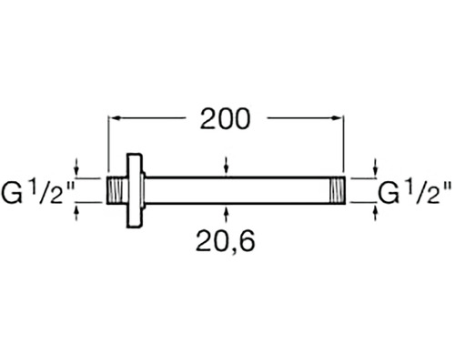 Desen tehnic al unui niplu sanitar cu dimensiunile de 200 mm lungime și filet G 1/2 inch