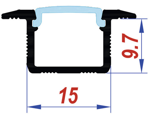 Desen schematic al unui profil LED cu dimensiunile de 15 milimetri și 9,7 milimetri