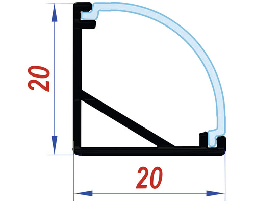 Desen tehnic al unui profil sfert de cerc cu dimensiuni
