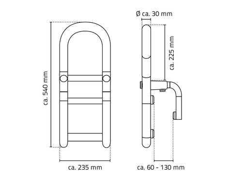 Desen tehnic al unui bară de sprijin cu dimensiuni