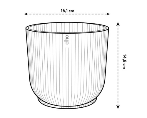 Ghiveci de flori Elho cu dimensiunile de 16,1 cm lățime și 14,8 cm înălțime.