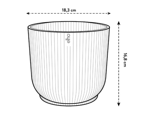 Ilustrație a unui ghiveci Elho cu dimensiunile de 18,3 cm lățime și 16,8 cm înălțime.