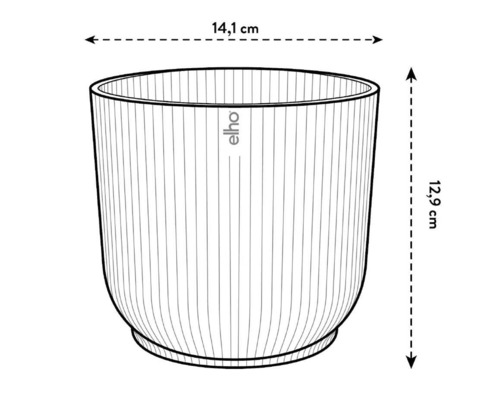 Ilustrație a unui ghiveci de flori cu dimensiunile de 14,1 cm lățime și 12,9 cm înălțime.