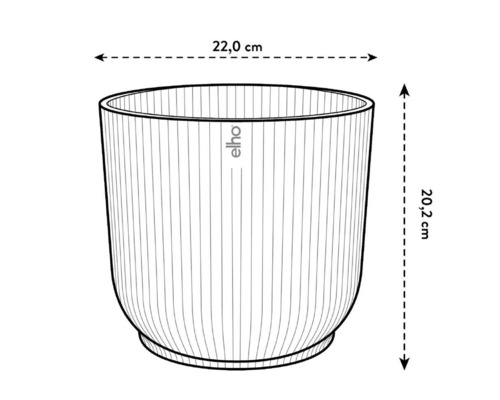 Ilustrație a unui ghiveci rotund cu dimensiunile de 22,0 cm în diametru și 20,2 cm în înălțime