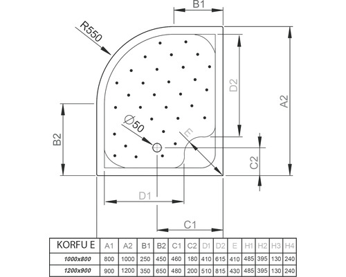 Desen tehnic al cădiței de duș cu dimensiuni