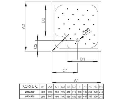 Desen tehnic al unei cădițe de duș cu dimensiuni
