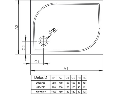 Desen tehnic al unei cădițe de duș cu dimensiuni