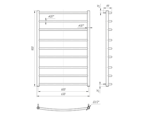 Desen tehnic al unui radiator de prosop cu dimensiuni