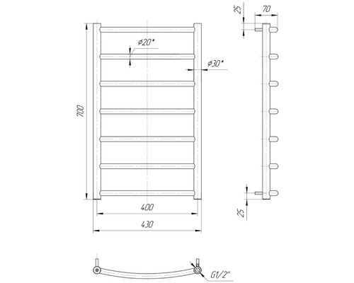 Desen tehnic al unui radiator de prosoape cu dimensiuni.
