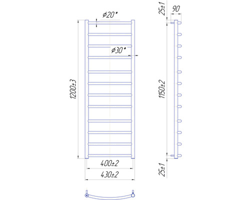 Desen tehnic al unui uscător de prosoape cu dimensiuni