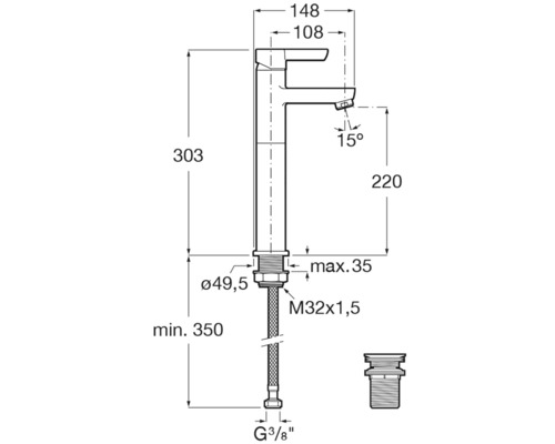 Desen tehnic al unui robinet de chiuvetă cu dimensiuni