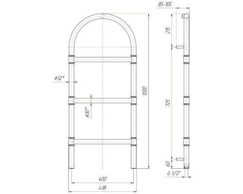 Desen tehnic al unui uscător de prosoape cu dimensiuni