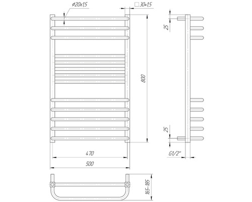 Desen tehnic al unui radiator pentru prosoape cu dimensiuni