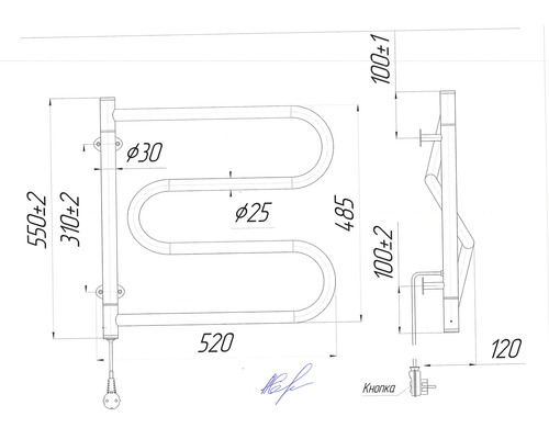Desen tehnic al unui uscător de prosoape cu dimensiuni